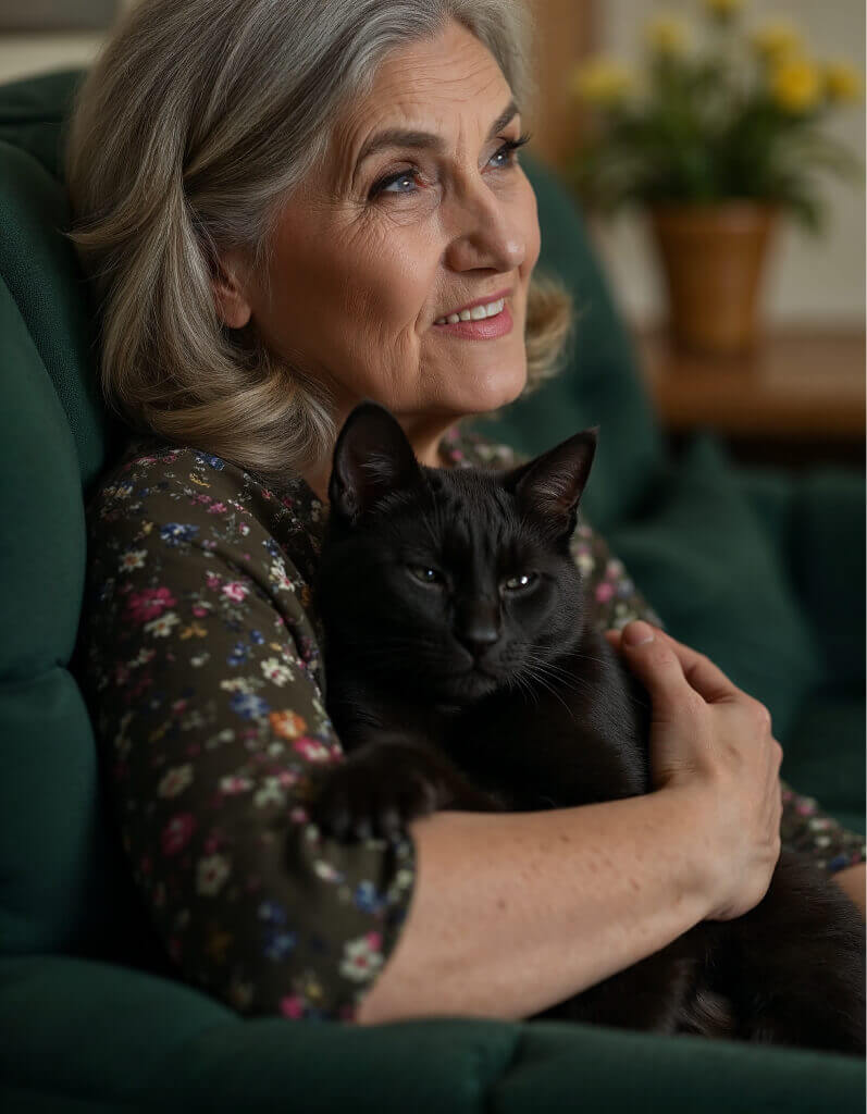 Elderly Woman Smiling While Holding a Black Cat at Home