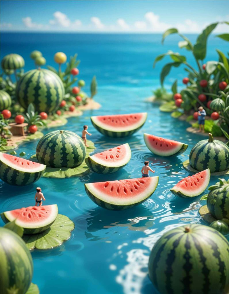 Miniature Swimmers in a Watermelon Paradise by the Sea