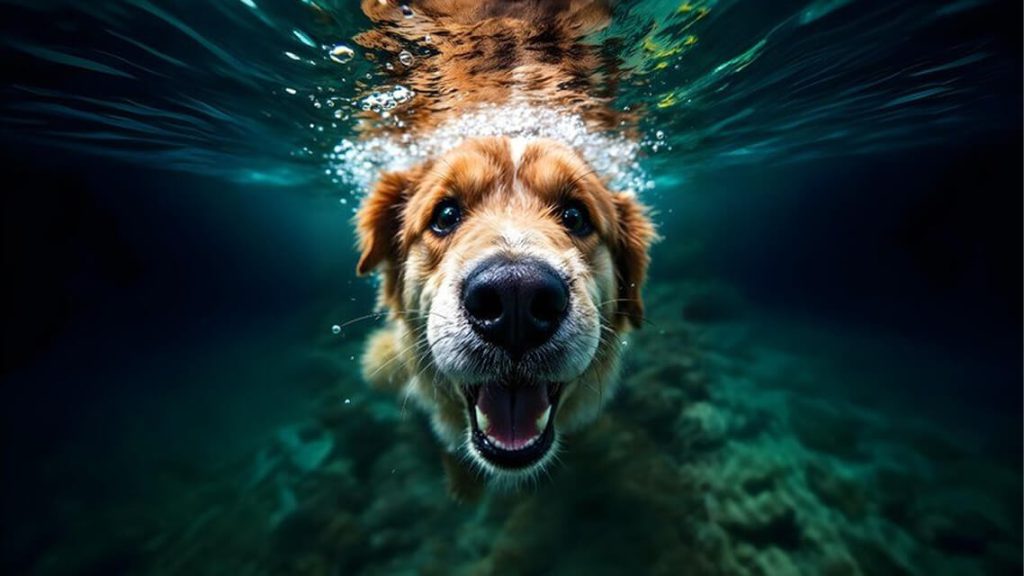 Happy Golden Retriever Swimming Underwater